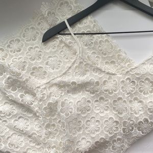 Kiss & Cry white crochet lace shorts romper, size large